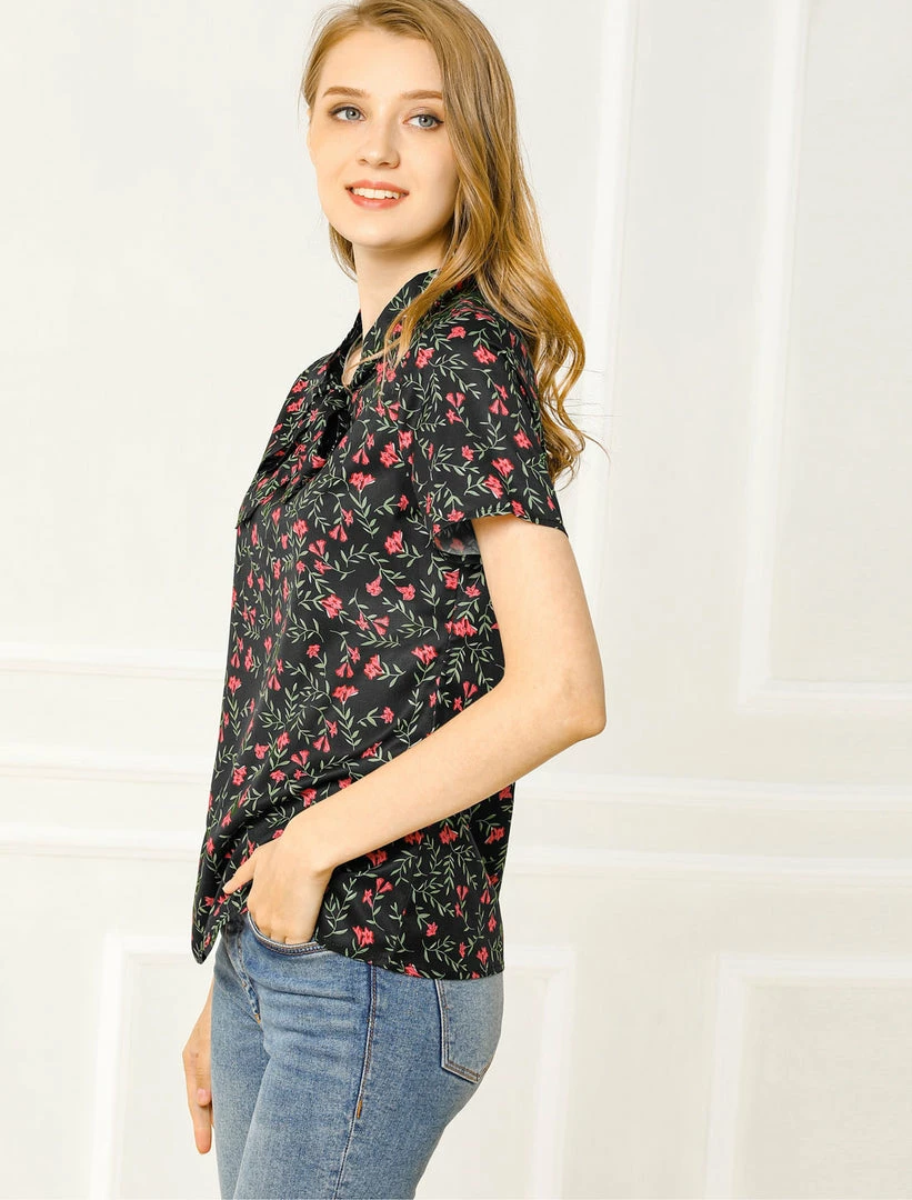 Allegra K Tie Bow Neck Cherry Printed Blouse Clothing 36 Allegra K Tie Bow Neck Cherry Printed Blouse Clothing