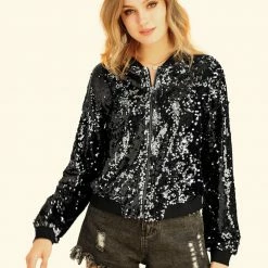 Women Allegra K Sequin Bomber Jacket 60 Women Allegra K Sequin Bomber Jacket