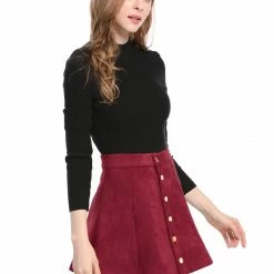 Allegra K Women's Faux Suede Single Breasted Front Button Mid Rise Mini A-Line Skirt