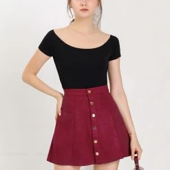 Allegra K Women's Faux Suede Single Breasted Front Button Mid Rise Mini A-Line Skirt