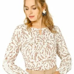 Allegra K Women's Ruffle Trim Long Sleeve Vintage Tops Keyhole Neck Floral Blouse