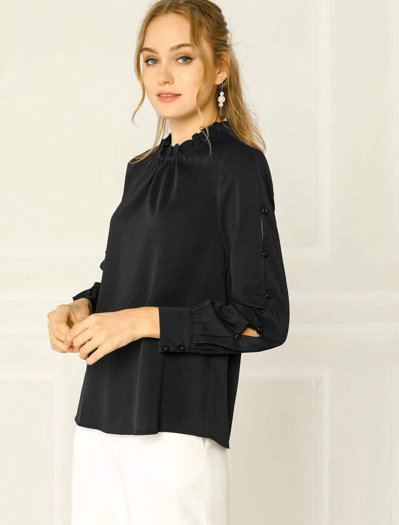 Allegra K Women's Work Ruffle Trim Mock Neck Button Decor Solid Blouse Shirt 18 Allegra K Women's Work Ruffle Trim Mock Neck Button Decor Solid Blouse Shirt