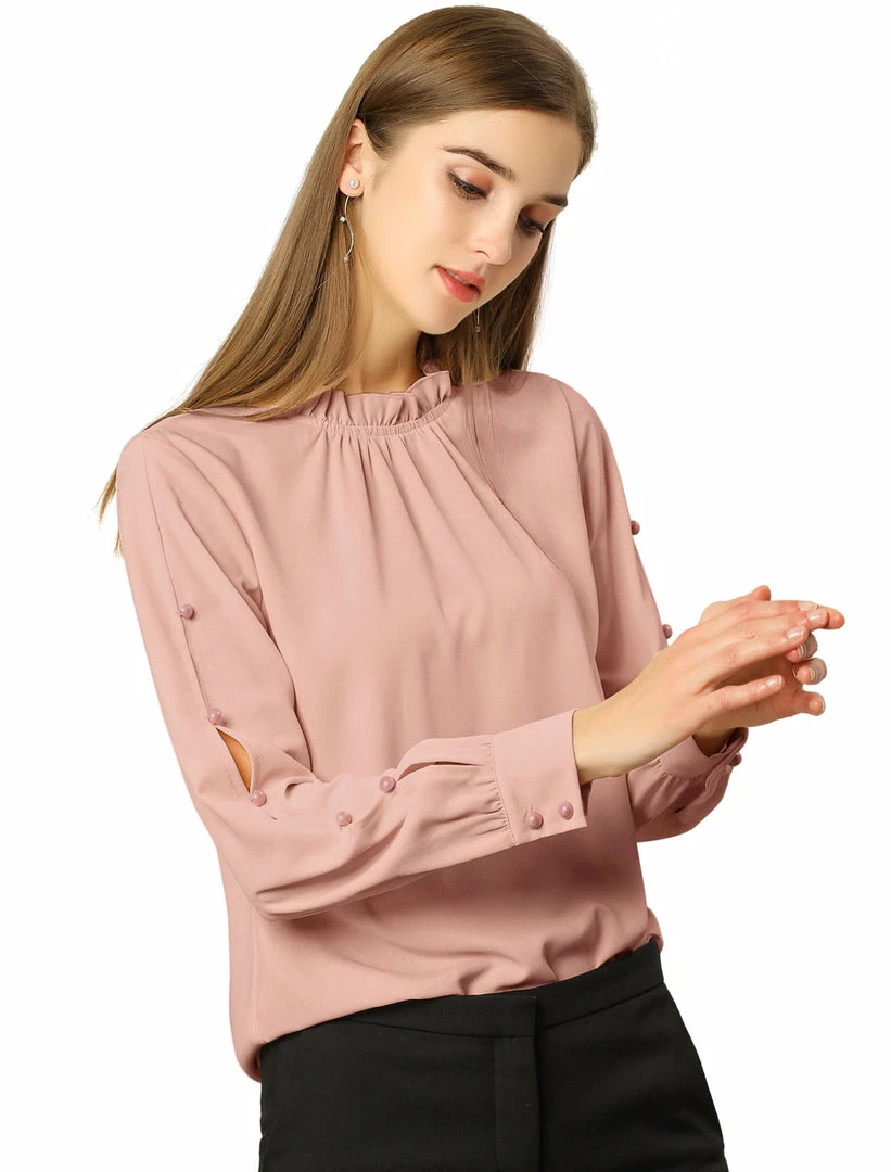 Allegra K Women's Work Ruffle Trim Mock Neck Button Decor Solid Blouse Shirt 11 Allegra K Women's Work Ruffle Trim Mock Neck Button Decor Solid Blouse Shirt