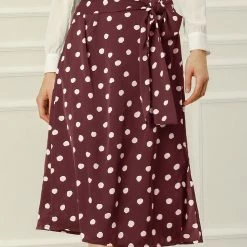 Allegra K Women's Retro Polka Dots Tie Waist Split Midi Skirt