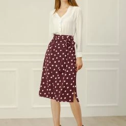 Allegra K Women's Retro Polka Dots Tie Waist Split Midi Skirt
