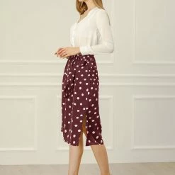 Allegra K Women's Retro Polka Dots Tie Waist Split Midi Skirt
