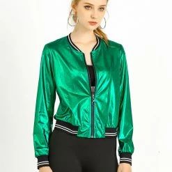 Allegra K Holographic Lightweight Bomber Jacket