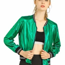 Allegra K Holographic Lightweight Bomber Jacket