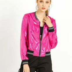 Allegra K Holographic Lightweight Bomber Jacket
