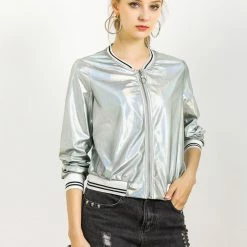 Allegra K Holographic Lightweight Bomber Jacket