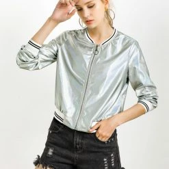 Allegra K Holographic Lightweight Bomber Jacket