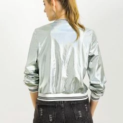 Allegra K Holographic Lightweight Bomber Jacket