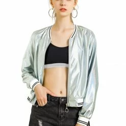 Allegra K Holographic Lightweight Bomber Jacket