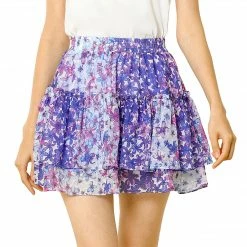 Allegra K Women's Fresh Floral Print Skirt Elastic High Waist Layer Ruffle A-Line Mini Short Skirts