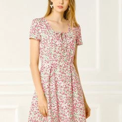 Allegra K Star Print Casual Square Neck Short Sleeve A-Line Dress