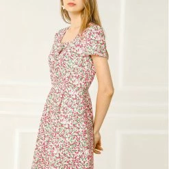 Allegra K Star Print Casual Square Neck Short Sleeve A-Line Dress