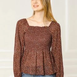 Women Allegra K Square Neck Long Bell Sleeve Floral Print Smocked Blouse