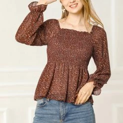 Women Allegra K Square Neck Long Bell Sleeve Floral Print Smocked Blouse