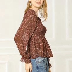 Women Allegra K Square Neck Long Bell Sleeve Floral Print Smocked Blouse