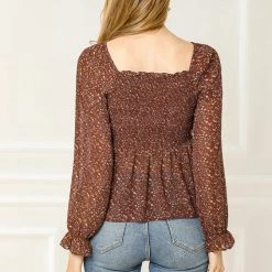 Women Allegra K Square Neck Long Bell Sleeve Floral Print Smocked Blouse