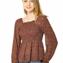 Women Allegra K Square Neck Long Bell Sleeve Floral Print Smocked Blouse