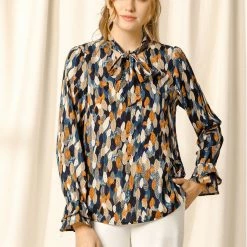 Allegra K Tie V Neck Blouse Long Trumpet Sleeve Floral Shirt Women