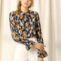 Allegra K Tie V Neck Blouse Long Trumpet Sleeve Floral Shirt Women