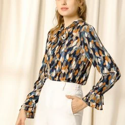 Allegra K Tie V Neck Blouse Long Trumpet Sleeve Floral Shirt Women