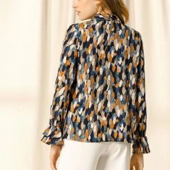 Allegra K Tie V Neck Blouse Long Trumpet Sleeve Floral Shirt Women