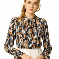 Allegra K Tie V Neck Blouse Long Trumpet Sleeve Floral Shirt Women