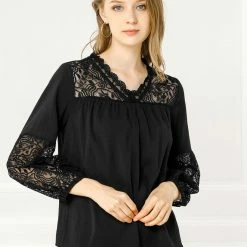 Allegra K Women's Lace Floral V Neck Long Puff Sleeve Blouse