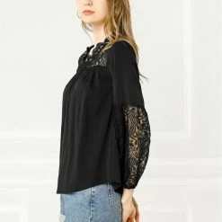 Allegra K Women's Lace Floral V Neck Long Puff Sleeve Blouse