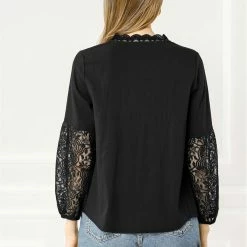 Allegra K Women's Lace Floral V Neck Long Puff Sleeve Blouse