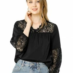 Allegra K Women's Lace Floral V Neck Long Puff Sleeve Blouse