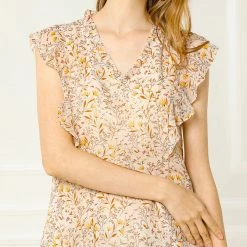 Allegra K Women's Ruffle Tops Casual V Neck Cap Sleeves Floral Blouse