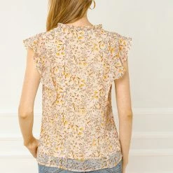 Allegra K Women's Ruffle Tops Casual V Neck Cap Sleeves Floral Blouse