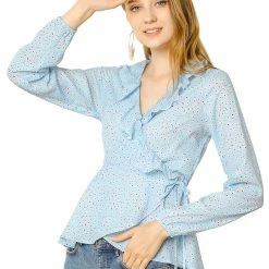 Allegra K Floral Print Crossover Ruffle V Neck Self Tie Wrap Peplum Top Women