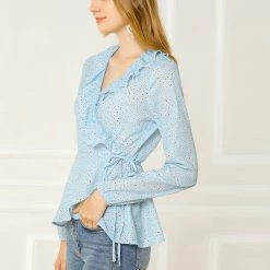 Allegra K Floral Print Crossover Ruffle V Neck Self Tie Wrap Peplum Top Women