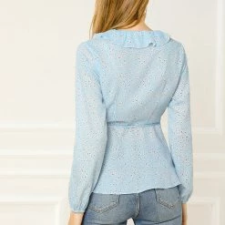 Allegra K Floral Print Crossover Ruffle V Neck Self Tie Wrap Peplum Top Women