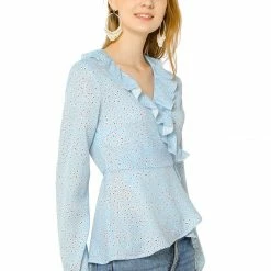 Allegra K Floral Print Crossover Ruffle V Neck Self Tie Wrap Peplum Top Women