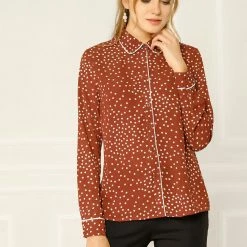Allegra K Long Sleeve Button Down Polka Dot Shirt