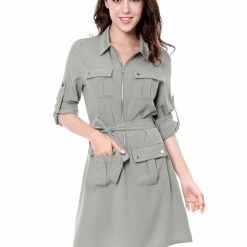 Allegra K Women's Roll Up Sleeves Multi-Pocket Knee Length Belted Shirt Dress
