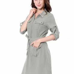 Allegra K Women's Roll Up Sleeves Multi-Pocket Knee Length Belted Shirt Dress