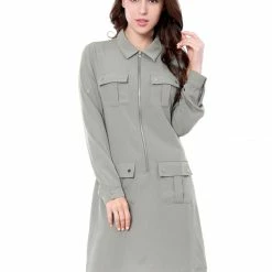 Allegra K Women's Roll Up Sleeves Multi-Pocket Knee Length Belted Shirt Dress