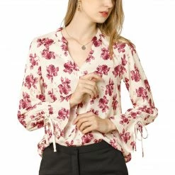 Women Allegra K V-Neck Bell Long Sleeves Floral Printed Blouse 41 Women Allegra K V-Neck Bell Long Sleeves Floral Printed Blouse