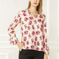Women Allegra K V-Neck Bell Long Sleeves Floral Printed Blouse 42 Women Allegra K V-Neck Bell Long Sleeves Floral Printed Blouse