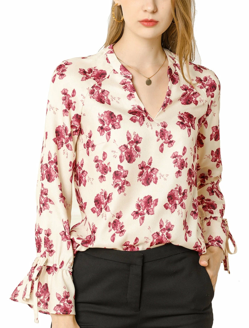 Women Allegra K V-Neck Bell Long Sleeves Floral Printed Blouse 16 Women Allegra K V-Neck Bell Long Sleeves Floral Printed Blouse