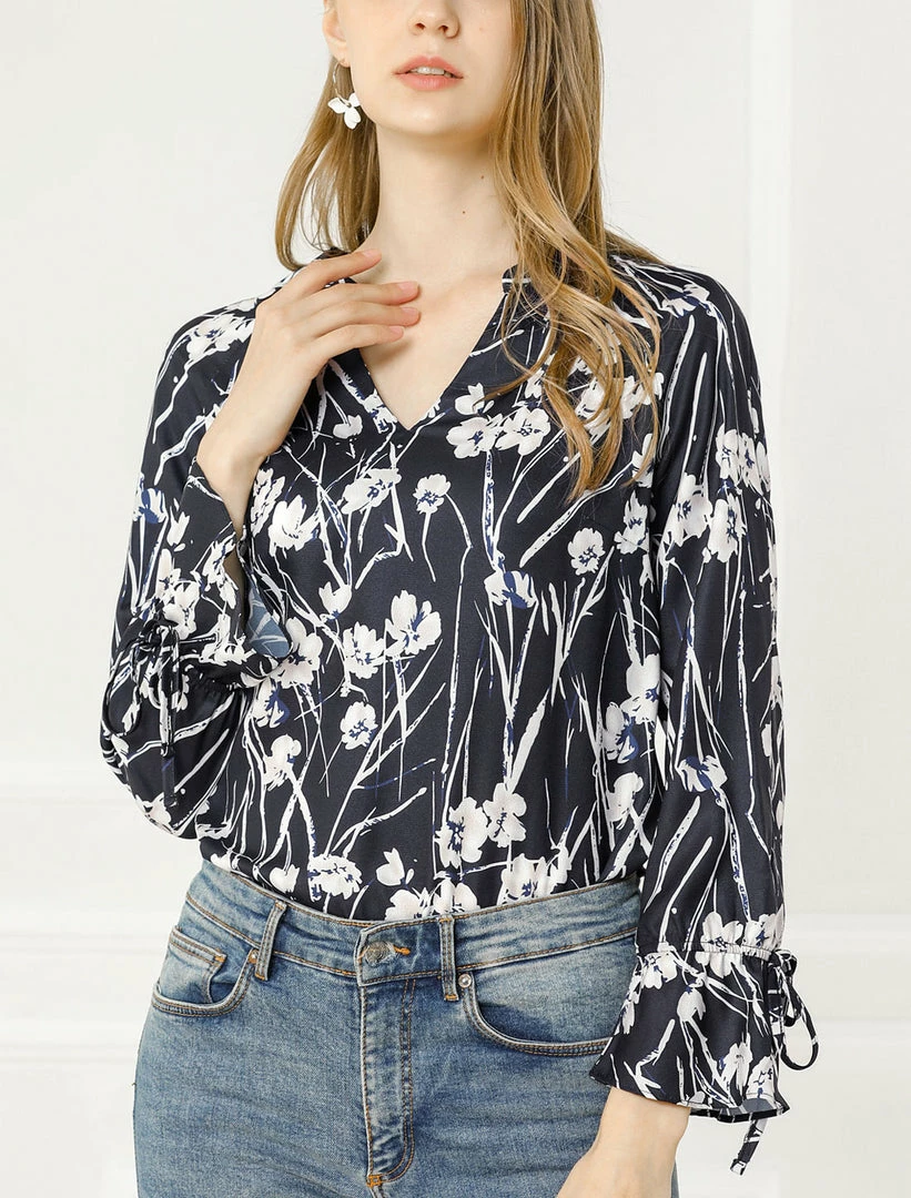 Women Allegra K V-Neck Bell Long Sleeves Floral Printed Blouse 23 Women Allegra K V-Neck Bell Long Sleeves Floral Printed Blouse