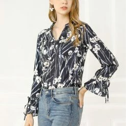 Women Allegra K V-Neck Bell Long Sleeves Floral Printed Blouse 48 Women Allegra K V-Neck Bell Long Sleeves Floral Printed Blouse