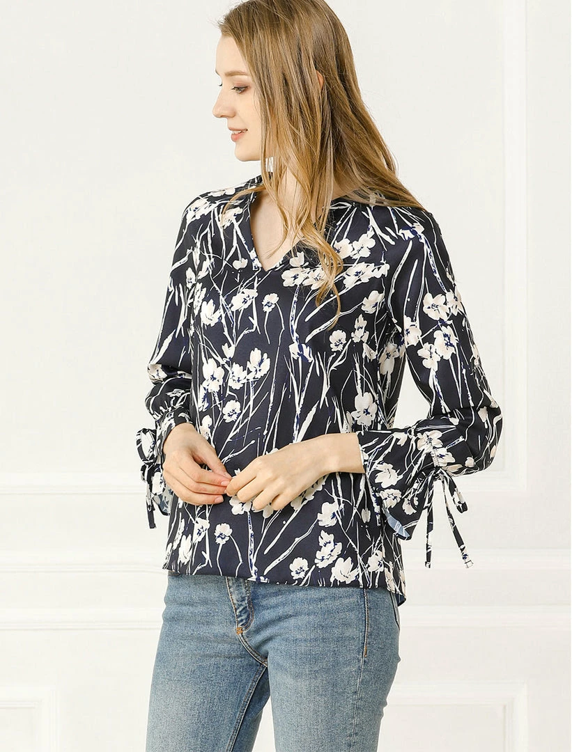 Women Allegra K V-Neck Bell Long Sleeves Floral Printed Blouse 25 Women Allegra K V-Neck Bell Long Sleeves Floral Printed Blouse